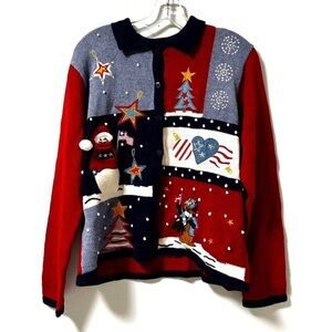 Vintage Karen Scott Ugly Christmas Cardigan Sweater Women’s Size Large Patchwork